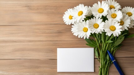 Obraz premium Envelope, blue pen, and white daisies on a rustic brown wooden background with vibrant colors 