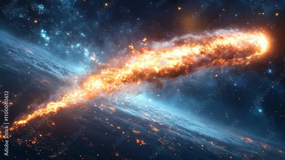 Poster a fiery comet is streaking through the sky, leaving a trail of smoke and fire behind it. the scene i