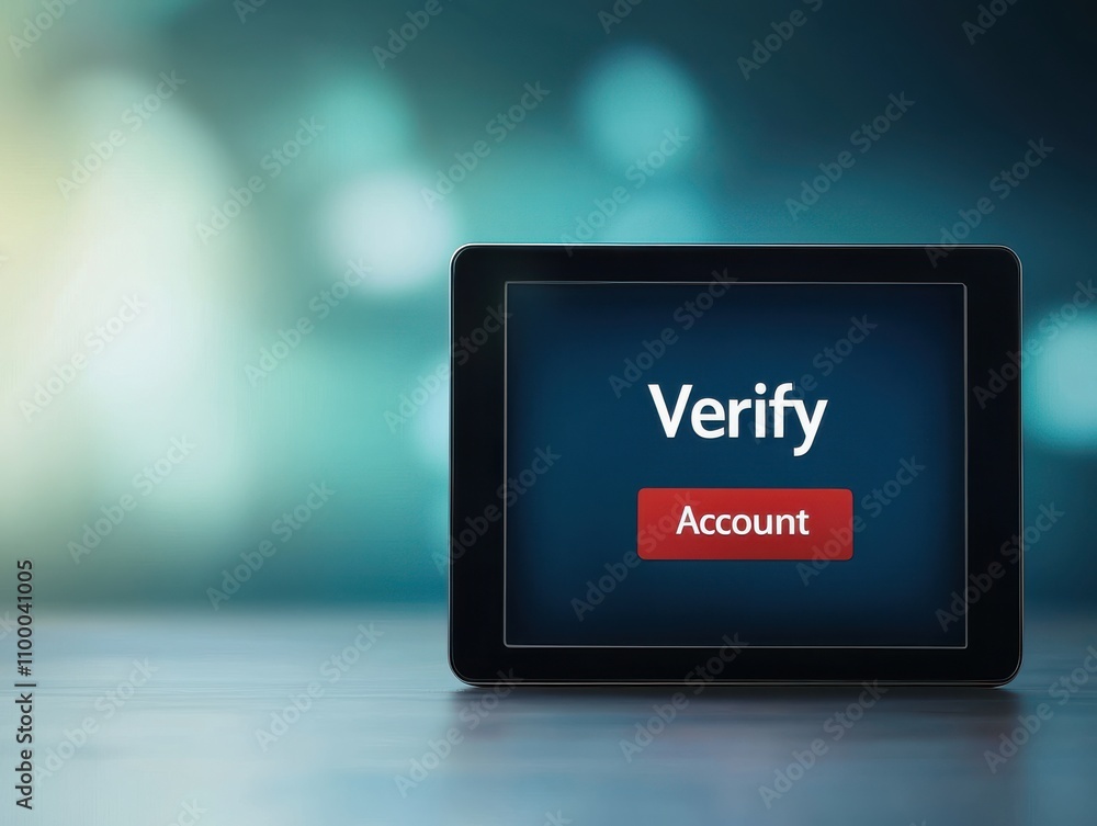 Poster a digital tablet displays a prompt to verify an account, emphasizing security and user action in a v
