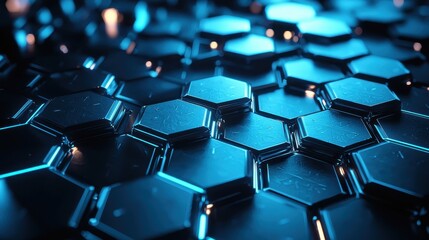 Fototapeta premium A futuristic metallic background with sleek textures and glowing hexagonal patterns in neon blue and silver. The high-tech design exudes innovation and modernity 