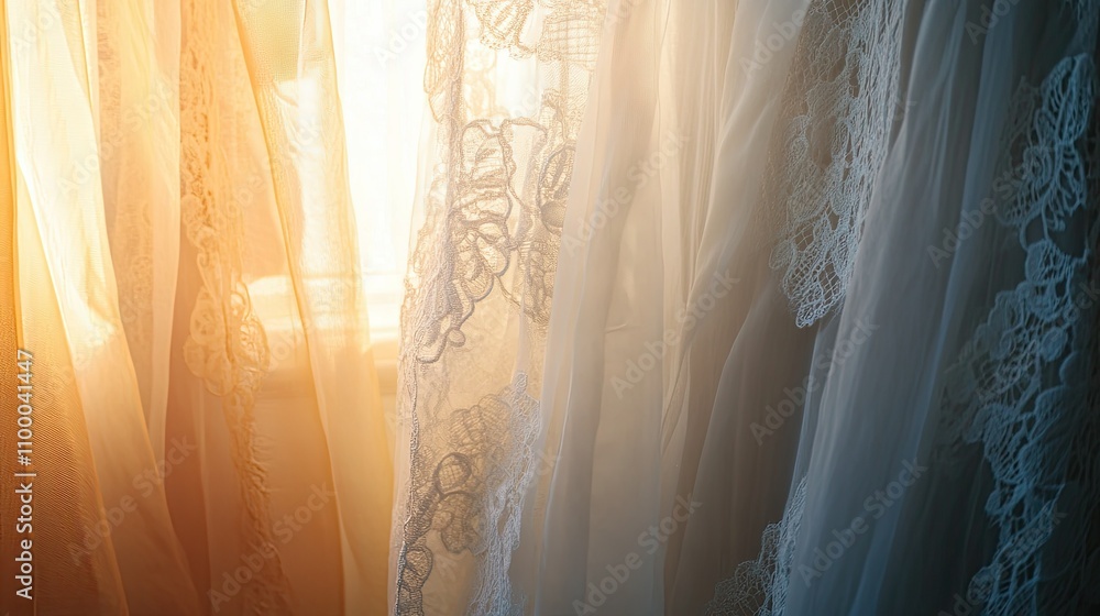 Poster soft sunlight filtering through sheer lace curtains creating warm atmosphere in a cozy room with int