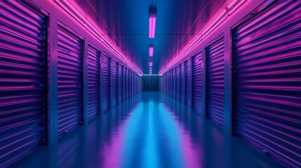 Fototapeta premium Neon Lit Corridor Of Storage Unit Doors