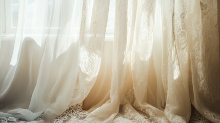 Soft and Ethereal Curtains Draped by Sunlight in a Serene Indoor Setting, Highlighting Delicate Textures and Gentle Color Palette with a Cozy Atmosphere