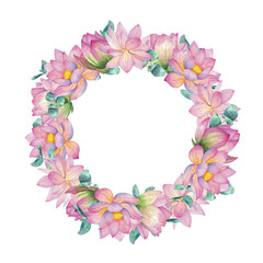 Pink lotuses, buds and flowers, eucalyptus branches. Round frame, wreath, Isolated on background. Watercolor illustration. Blank For design, decor and printing, typography and invitations