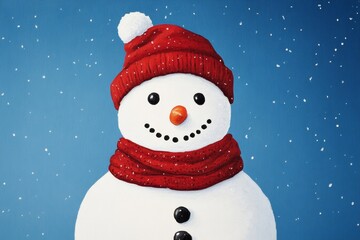 Fototapeta premium A cheerful snowman wears red caps and scarves on snowy background, ideal for festive Christmas cards 