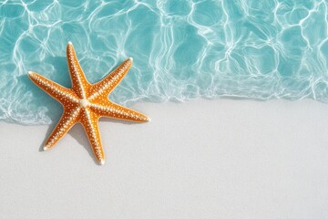 Starfish on sandy beach with clear water; summer chill in blues, oranges, and sandy tones 
