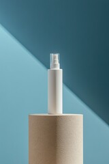 White Spray Bottle on Beige Cylinder Against Teal Background: Minimal Product Display
