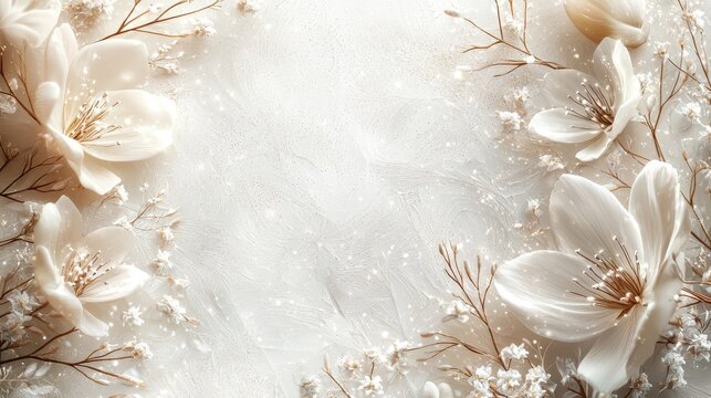 A minimalist background blending shades of ivory, cream, and pale gray, with subtle sparkling particles scattered across. The clean and fresh aesthetic exudes elegance and professionalism 