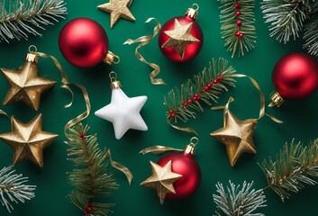 Top view photo of christmas decorations on isolated green background