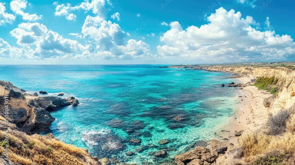 Poster panoramic view of a magnificent sea merging with the horizon, leaving space for text in the open sky