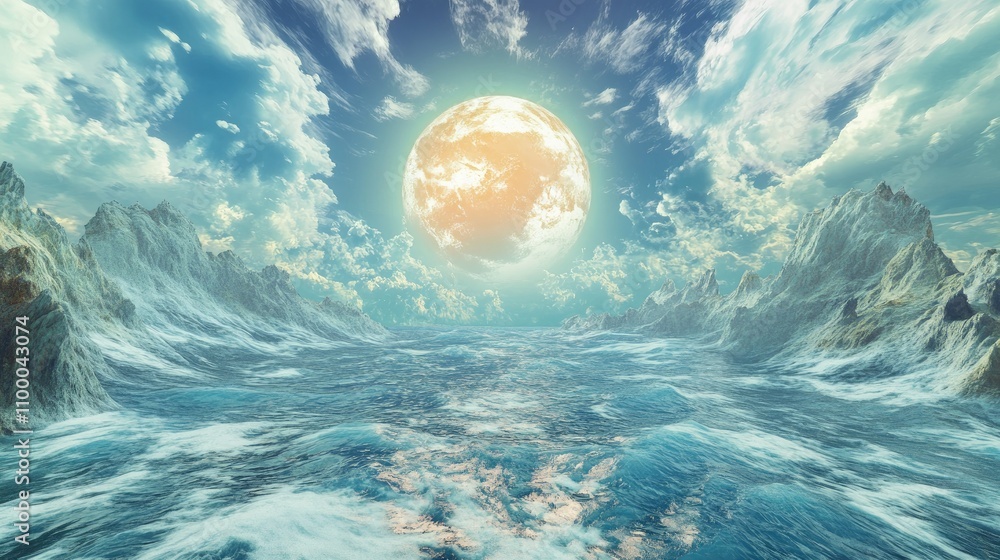 Poster panoramic view of a magnificent sea merging with the horizon, leaving space for text in the open sky