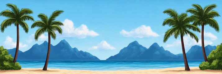 Fototapeta premium Tropical island paradise featuring palm trees and beach panorama; vibrant blues and greens dominate scenery 
