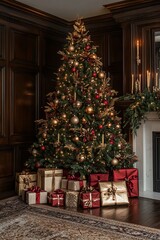 Christmas living room with vintage red velvet armchairs, a decorated tree, stockings hanging on a fireplace, and warm ambient lighting creating a nostalgic festive atmosphere