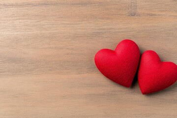 Obraz premium Valentine's Day scene featuring two vibrant red hearts on rustic wooden background with warm, earthy tones 
