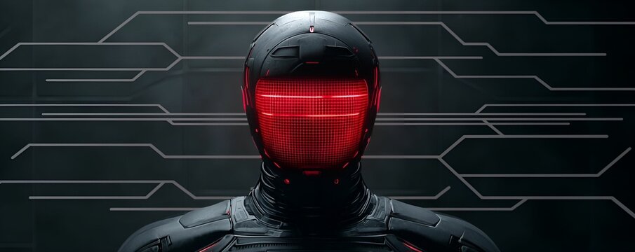 A futuristic humanoid figure with a glowing red grid face, set against a dark background featuring circuit-like patterns.