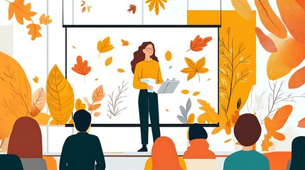 A professional meeting with a woman leader standing near a screen showcasing autumn visuals
