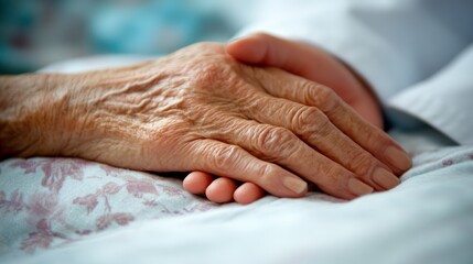 A healthcare professional warmly holds the hand of an elderly patient in a caring manner, fostering reassurance during a medical consultation in a clinical setting