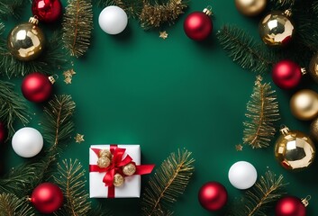Top view photo of christmas decorations on isolated Emerald green background with empty space