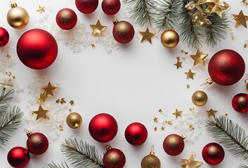 Top view photo of christmas decorations on isolated White background with empty space