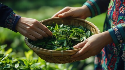 Farmer picking tea leave in the terraced tea fields. two woman collecting some green tea leaf