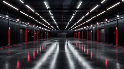 Modern industrial storage facility with sleek design and bright lighting during evening hours