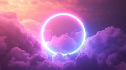 Ethereal glowing ring emerges from colorful clouds at sunset, creating a surreal atmosphere in the sky