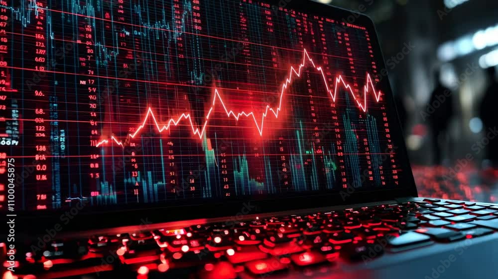 Poster a laptop screen shows a graph with red lines and a red background. the graph appears to be showing a