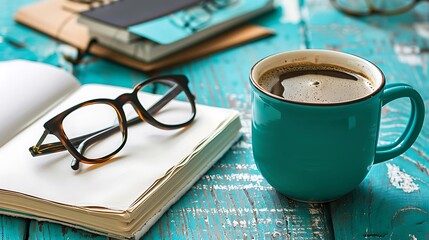 Cup of coffee with book and eyeglasses on wooden table