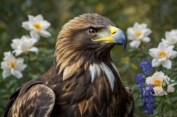 Obraz premium graciously posed Canadian golden eagle, natural background, white and crimson roses, profile portrait, proud bird