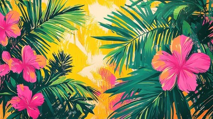 Naklejka premium A vibrant tropical-inspired background with abstract patterns of palm leaves and flowers in bold shades of green, pink, and orange. The dynamic and colorful composition radiates energy and freshness 