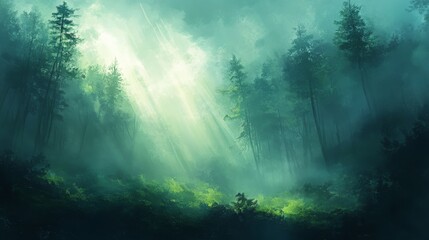 Fototapeta premium Sunbeams Illuminate a Misty Green Forest Scene