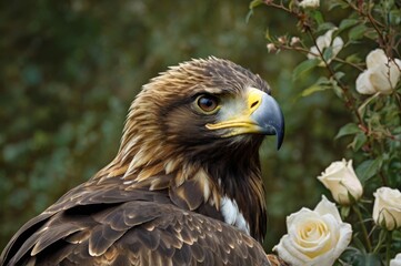 Obraz premium graciously posed Canadian golden eagle, natural background, white and crimson roses, profile portrait, proud bird