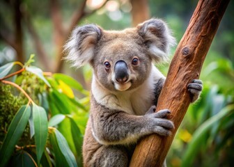 Fototapeta premium Playful koala clings to a branch in tilt-shift style, highlighting Australiaâ€™s unique wildlife, perfect for nature lovers and animal enthusiasts seeking stock photos.