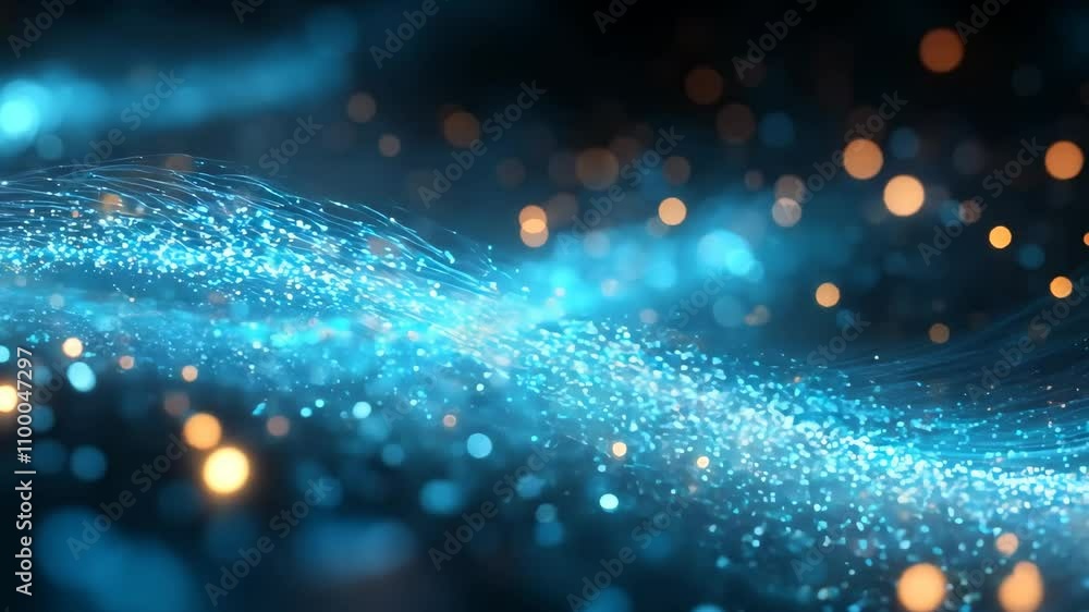 Poster a blue wave of light with many small dots of light. the light is blue and the dots are small, creati
