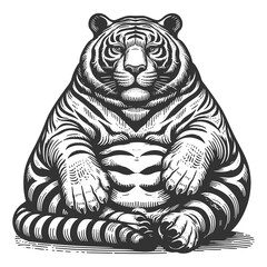 Fat chubby tiger with bold stripes and a playful demeanor, blending humor and artistic detail sketch engraving generative ai raster illustration. Scratch board imitation. Black and white image.