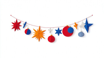 Obraz premium Colorful decorative garland featuring stars, circles, and other shapes in red, blue, and orange, perfect for festive occasions.