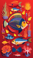 Obraz premium A colorful fish drawing with a red background