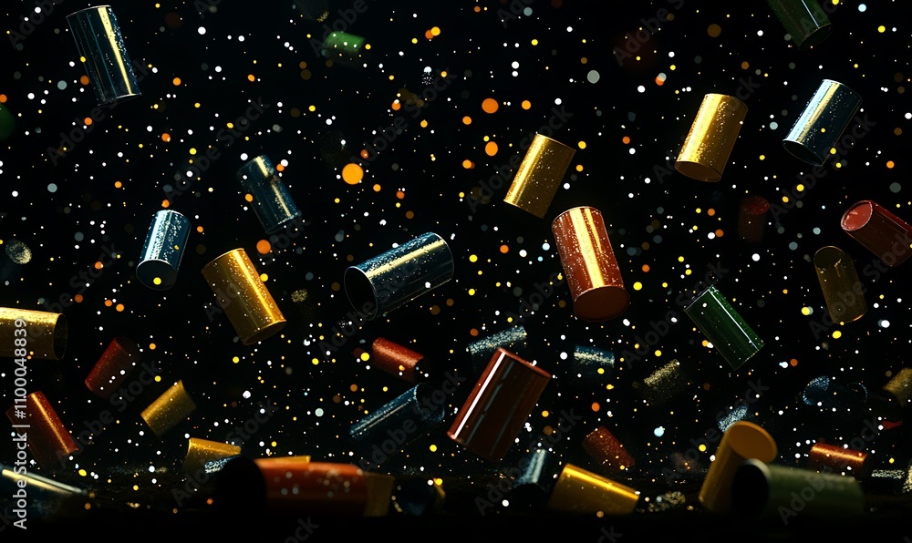 Poster colorful cans and particles suspended in a dark space, creating a dynamic visual effect.