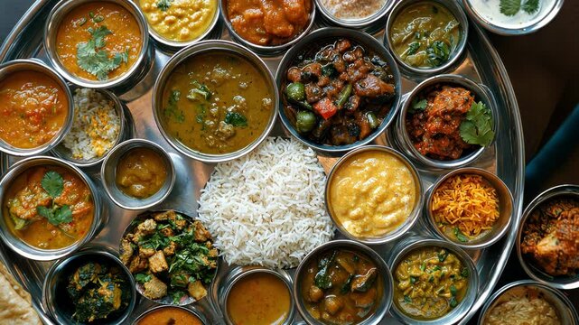 Indian thali buffet platter overhead shot, Vegetarian traditional veg curry punjabi cuisine