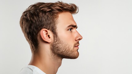 Obraz premium Side view of young man looking left isolated on white