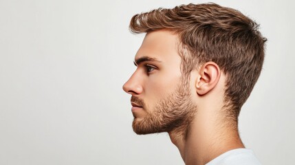 Obraz premium Profile view of young man looking left on white background