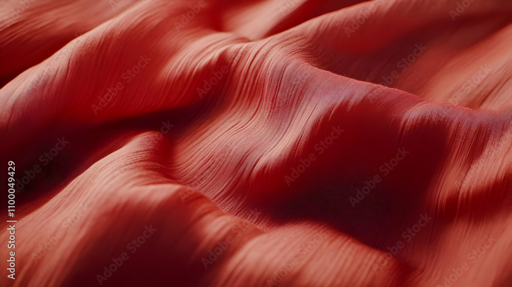 Poster close-up of red fabric with a wavy texture and subtle lines, showcasing its luxurious and smooth sur