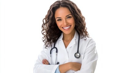 Fototapeta premium Friendly woman doctor with stethoscope isolated on white