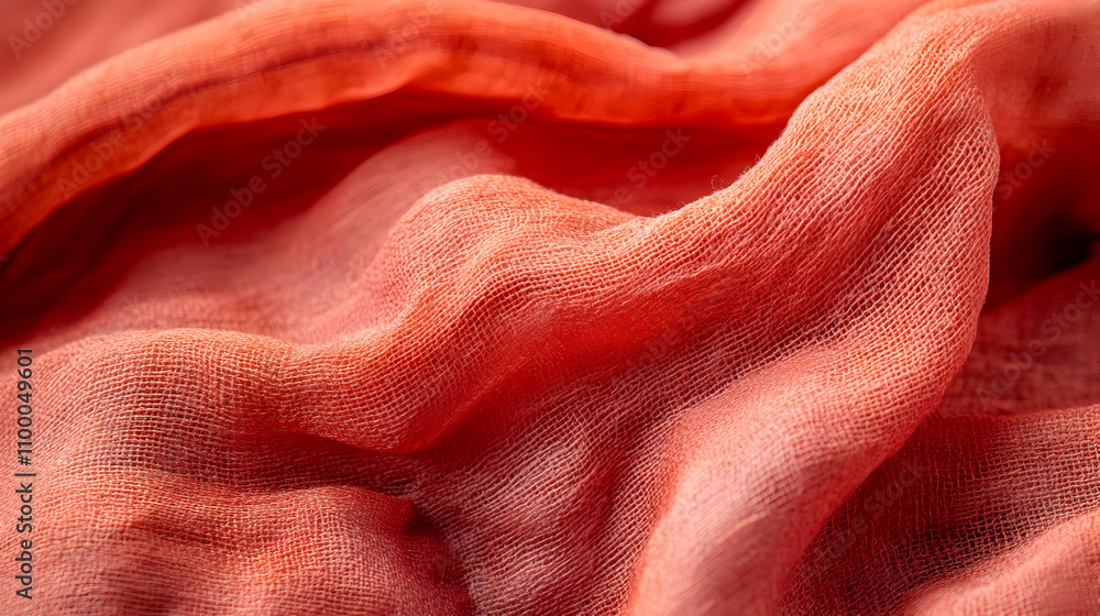 Poster close-up of coral-colored fabric with a textured weave, showing its soft, flowing drape and intricat