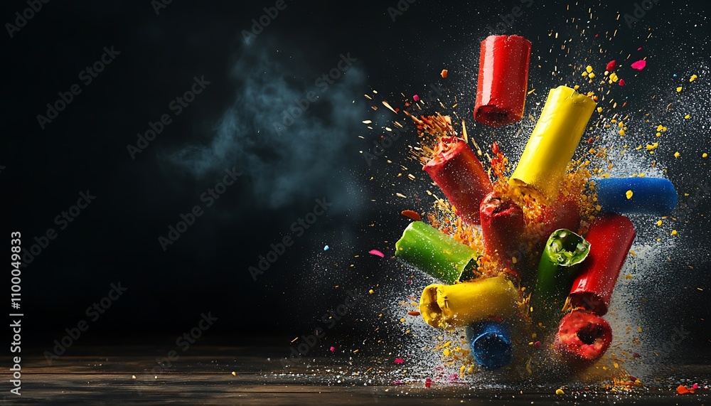 Poster a dynamic explosion of colorful chalk pieces creating a vibrant visual effect.
