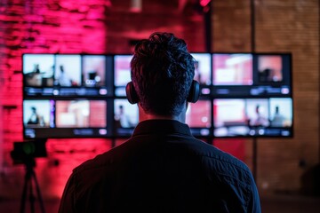 Individual engages with multiple digital screens in a modern workspace during a collaborative session