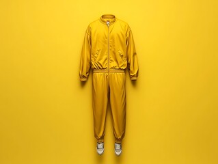 Contemporary design of a Men's golden yellow tracksuit against a mustard yellow background