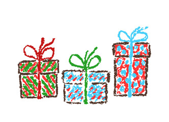 Christmas gift box set. Like child's hand drawing crayon or pencil simple naive art. Kids creativity vector doodle joyful funny colorful innocent easy present. Cartoon flat bright scribble cute design