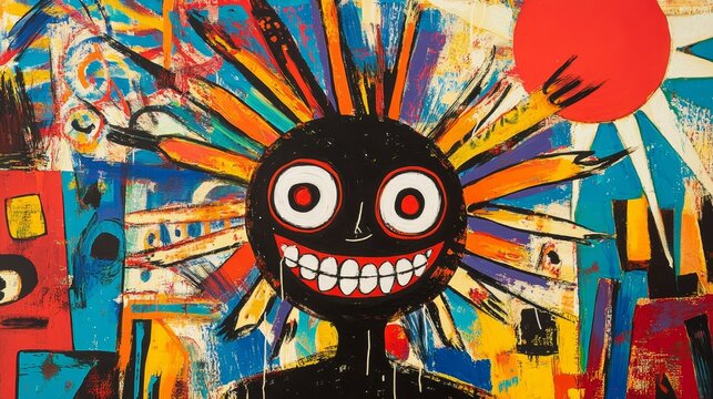 funny black man smiling with colorful hair , unique graffiti oil painting artful illustration  with grungy texture, expressive funky humorous