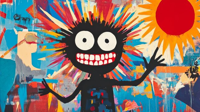 funny black man smiling with colorful hair , unique graffiti oil painting artful illustration  with grungy texture, expressive funky humorous